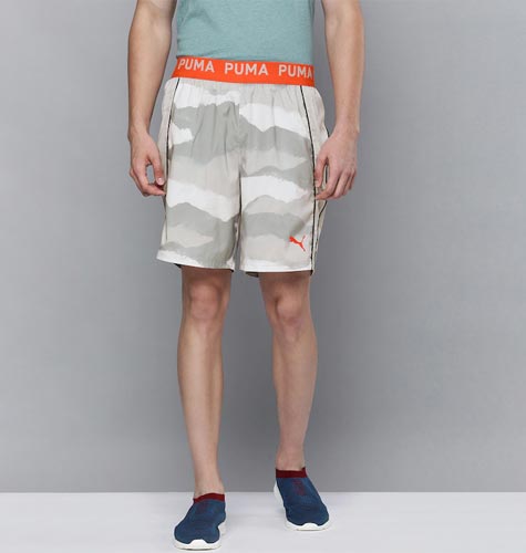 Men Grey & White Camouflage Printed AOP Sports Sustainable Shorts